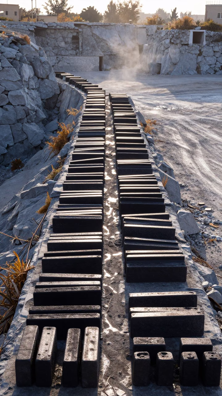 Cooling Cast Iron Rows on Quarry Ledge in on a quarry ledge near Baqubah