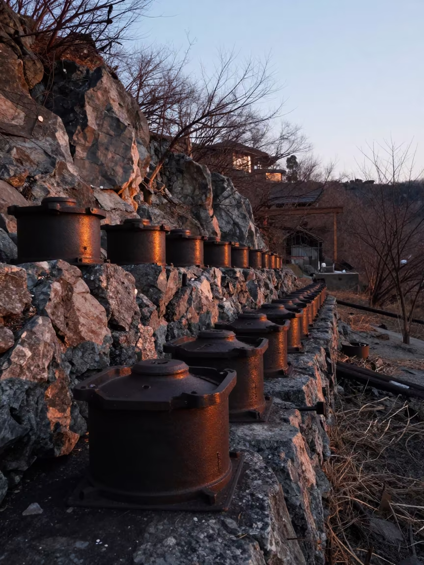 Cooling Cast Iron on Winter Quarry Ledge in on a quarry ledge near Kyoto