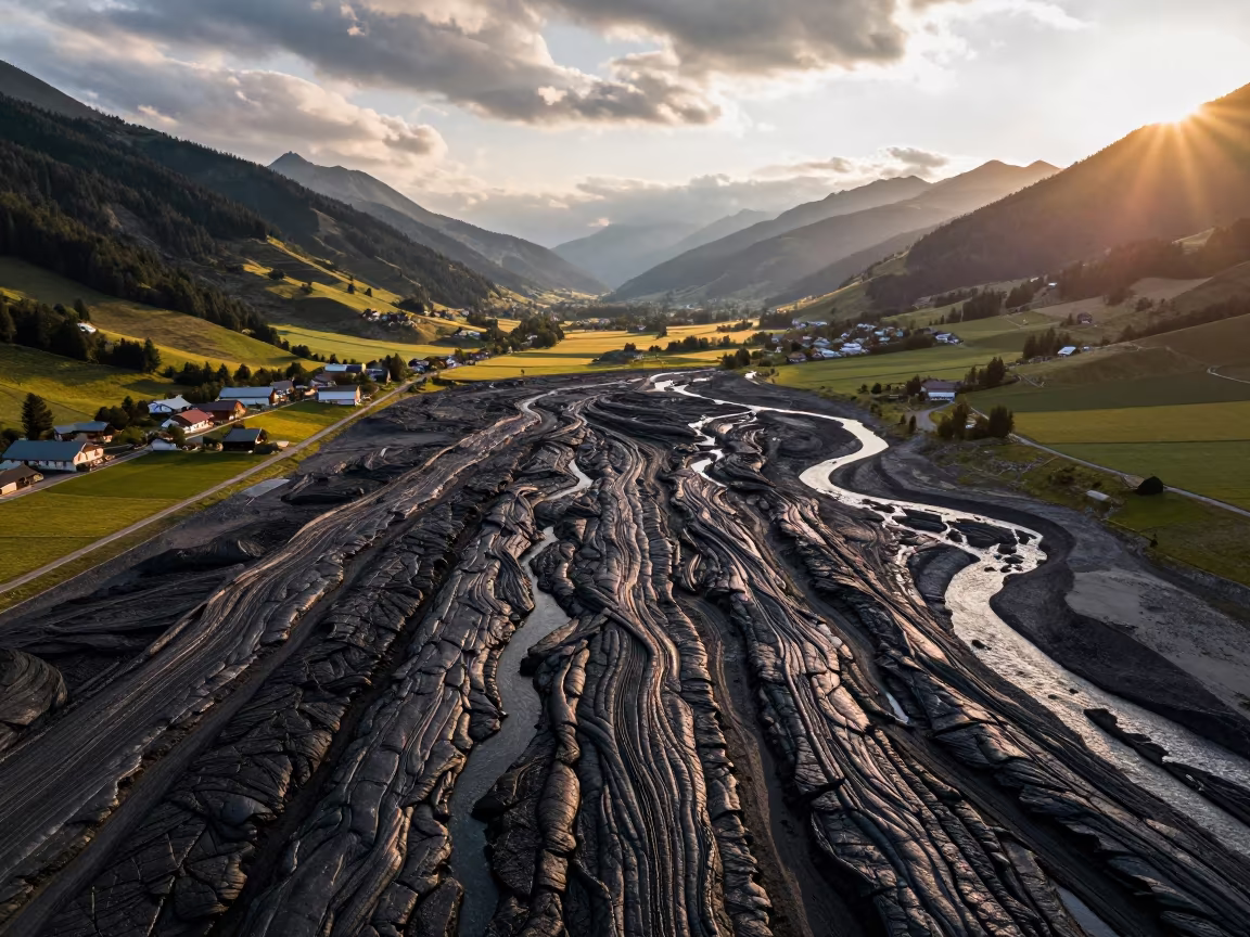 Cooling Lava Channels in Tyrolean River Valley in high above braided river channels in Tyrol