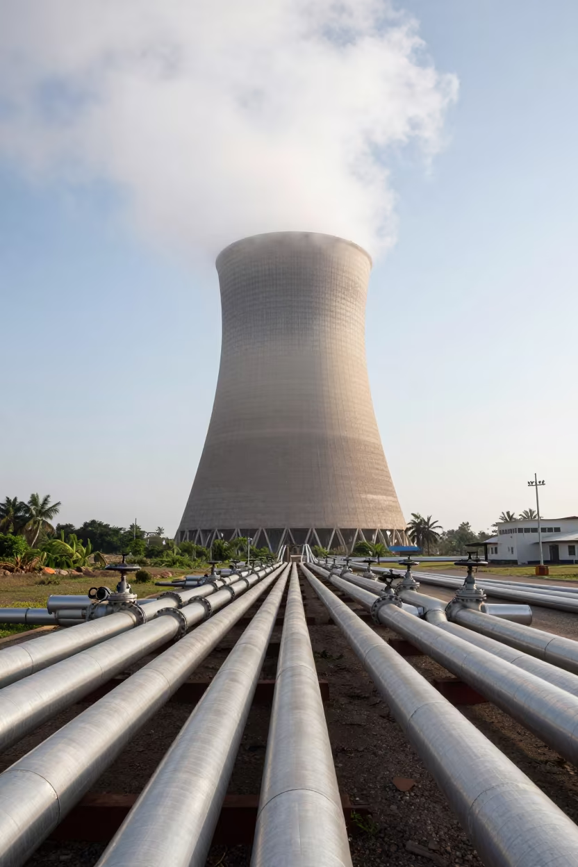Cooling Tower Plume Dissolving Somali Industrial Sky in along a service road lined with pipes in Somalia
