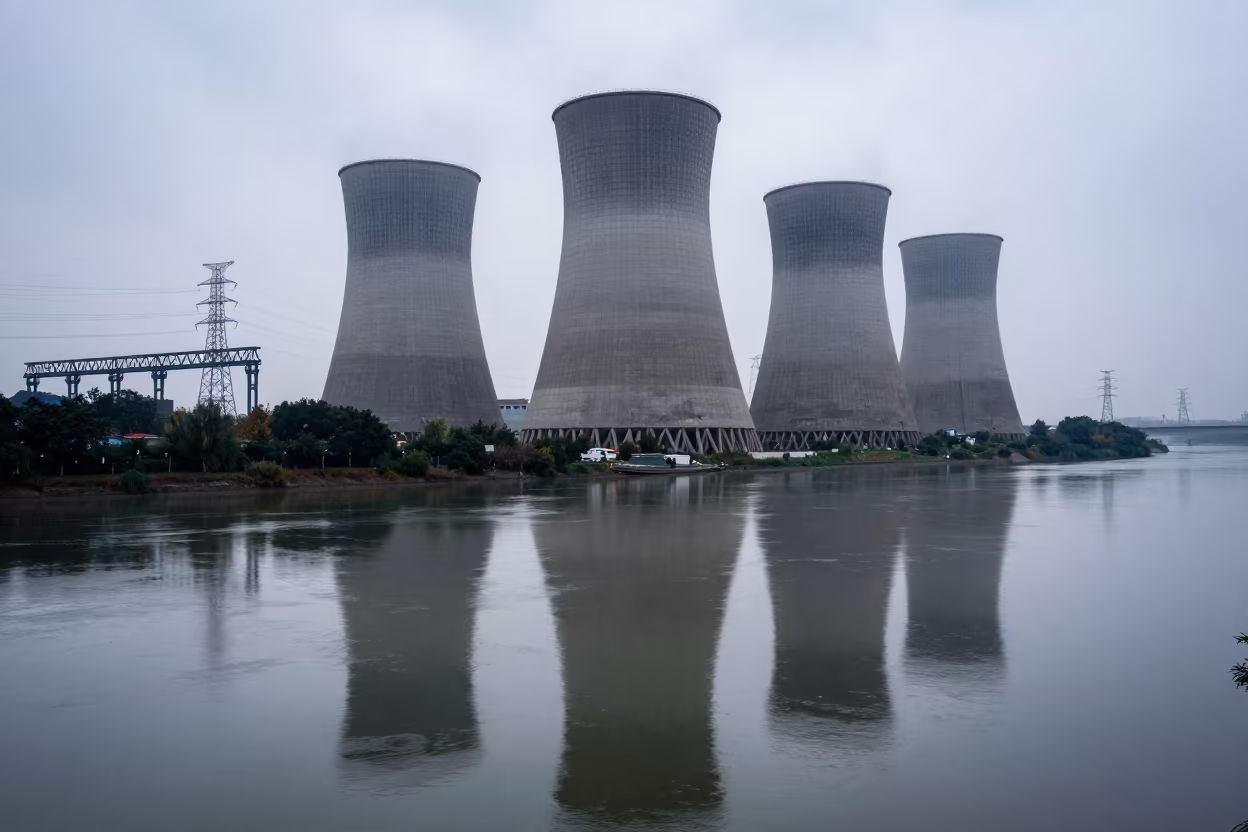 Cooling Tower Reflection in Dawn River in under gantries and utility towers in Hubei