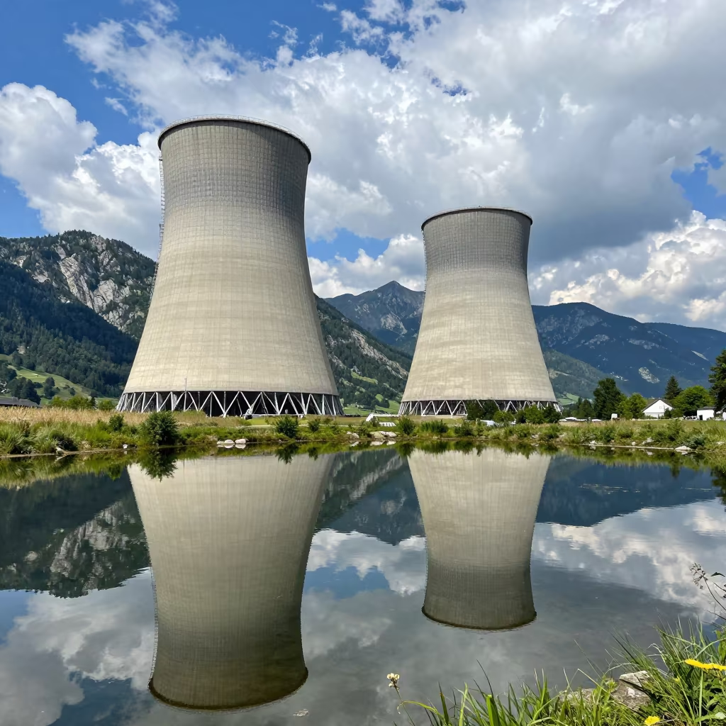 Cooling Tower Reflection in German Mountain Pond in beside exposed structural steel in Germany
