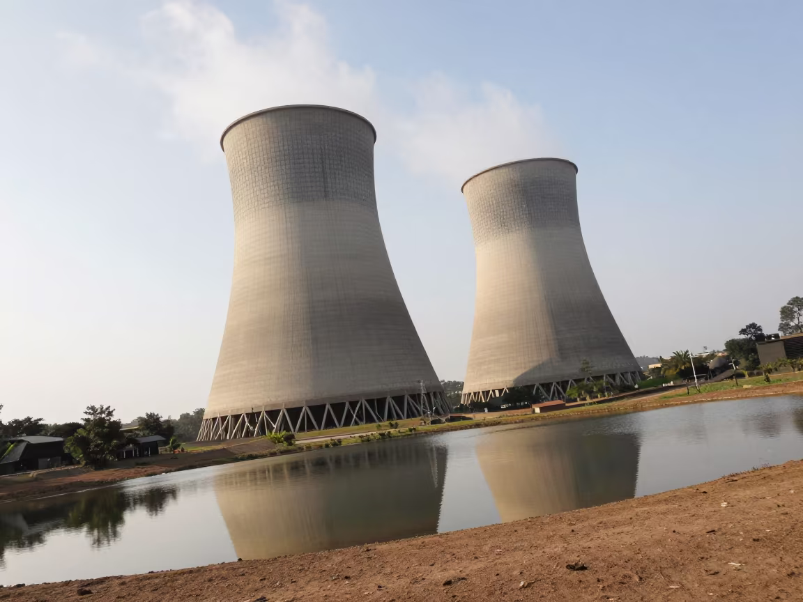 Cooling Tower Reflection in Rwandan Pond in beside exposed structural steel in Rwanda