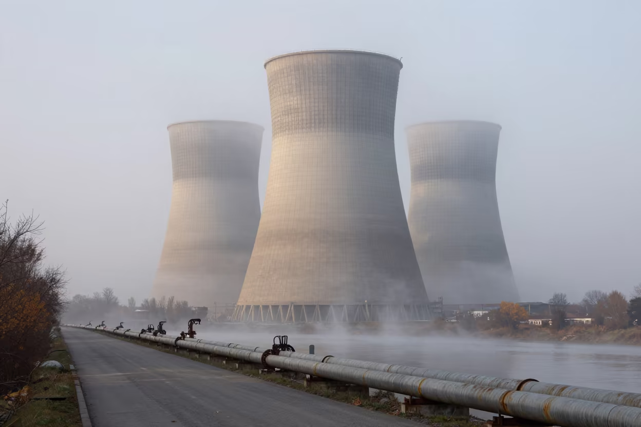 Cooling Tower Rising Through River Fog in Serbia in along a service road lined with pipes in Serbia