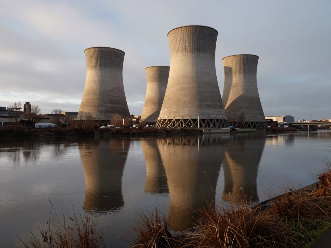 Cooling Tower River Reflection at Dawn Near Bordeaux in across an active works site near Bordeaux