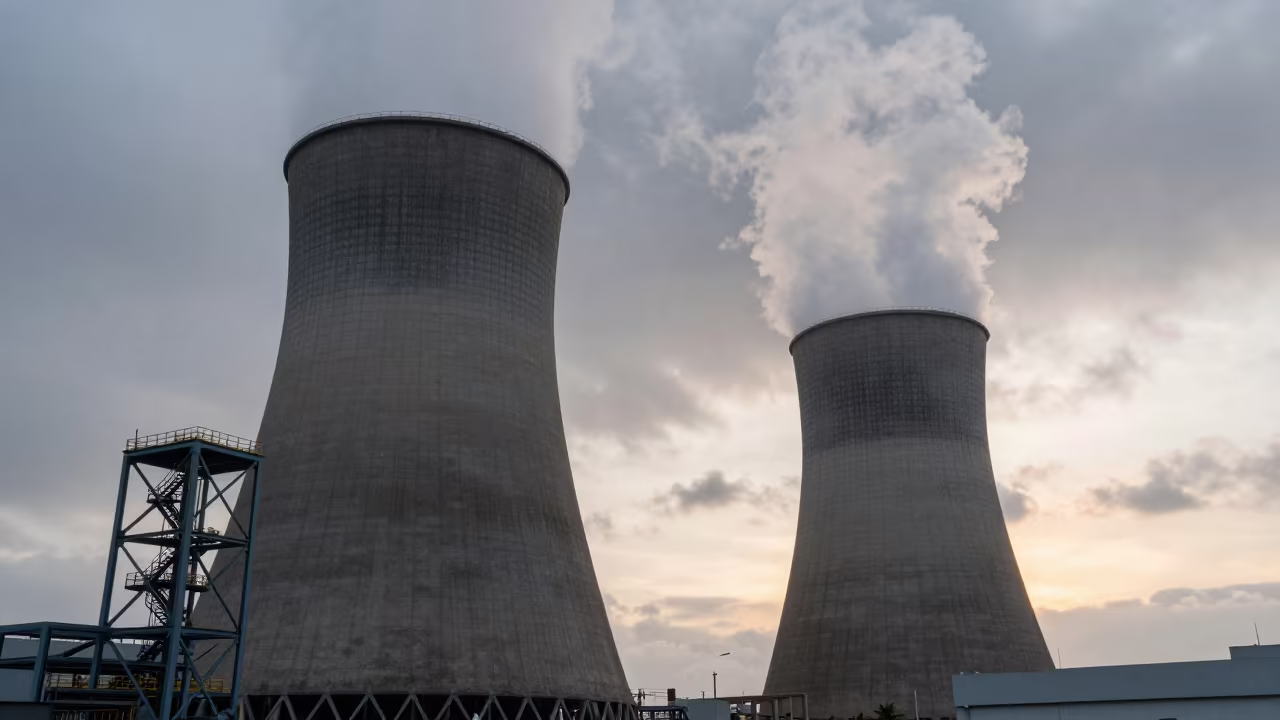 Cooling Tower Steam Against Monsoon Sky in beside exposed structural steel in Shikoku