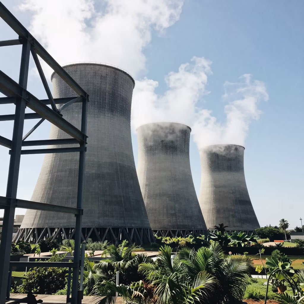 Cooling Tower Steam Rising Near Steel Biskra in beside exposed structural steel near Biskra