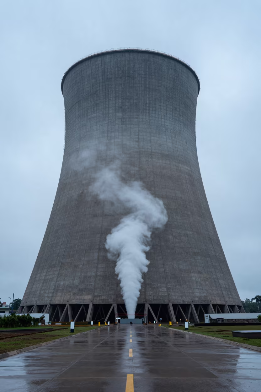 Cooling Tower Steam Rising Over Paraguay Worksite in across an active works site in Paraguay