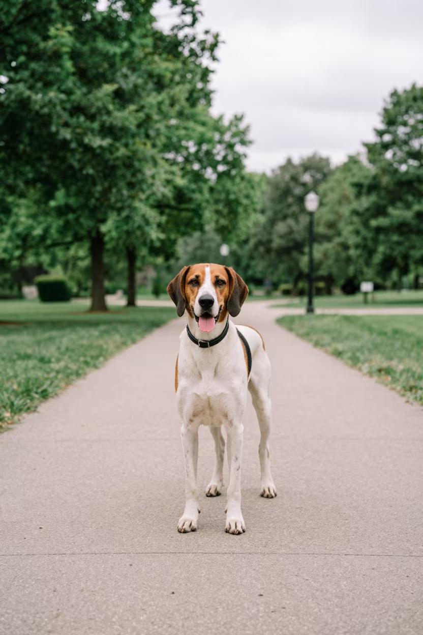 Coonhound on Quiet Park Path Santiago in along a quiet park path with soft open shade and a clean background near Santiago