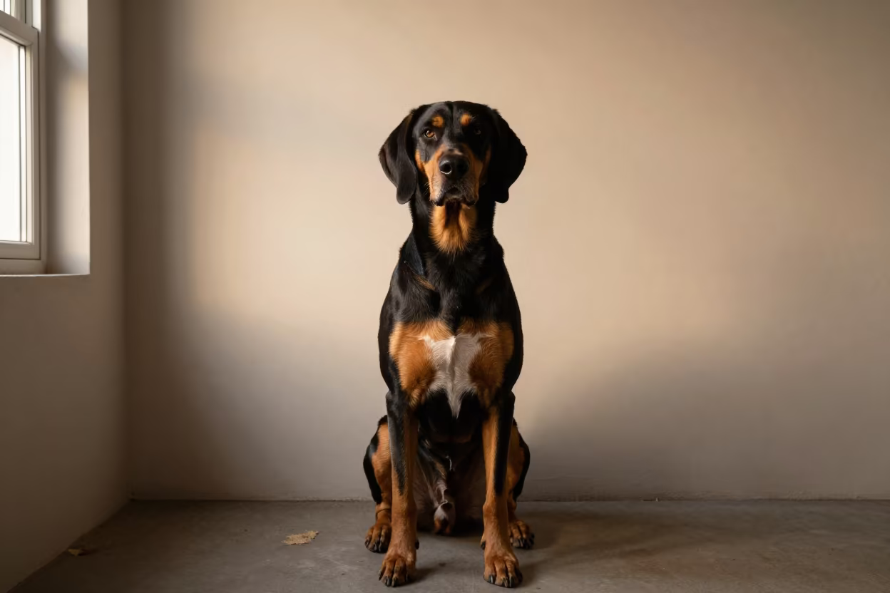 Coonhound Portrait Against Plain Wall in beside a plain plaster wall in soft indoor light with the animal centered in frame in New Borg El Arab