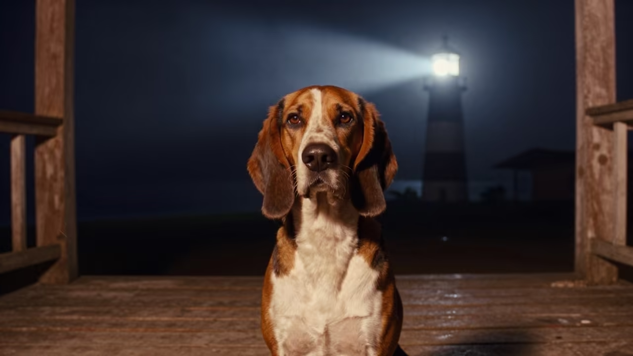 Coonhound Portrait on Shaded Les Cayes Porch in on a shaded front porch with boards, railings, and eye-level framing in Les Cayes