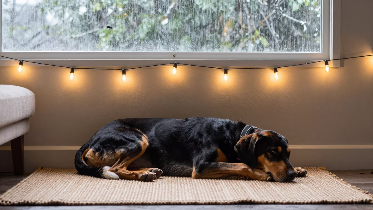 Coonhound Resting on Rug Under String Lights in on a woven rug beside a low couch and an uncluttered wall in Guayaquil