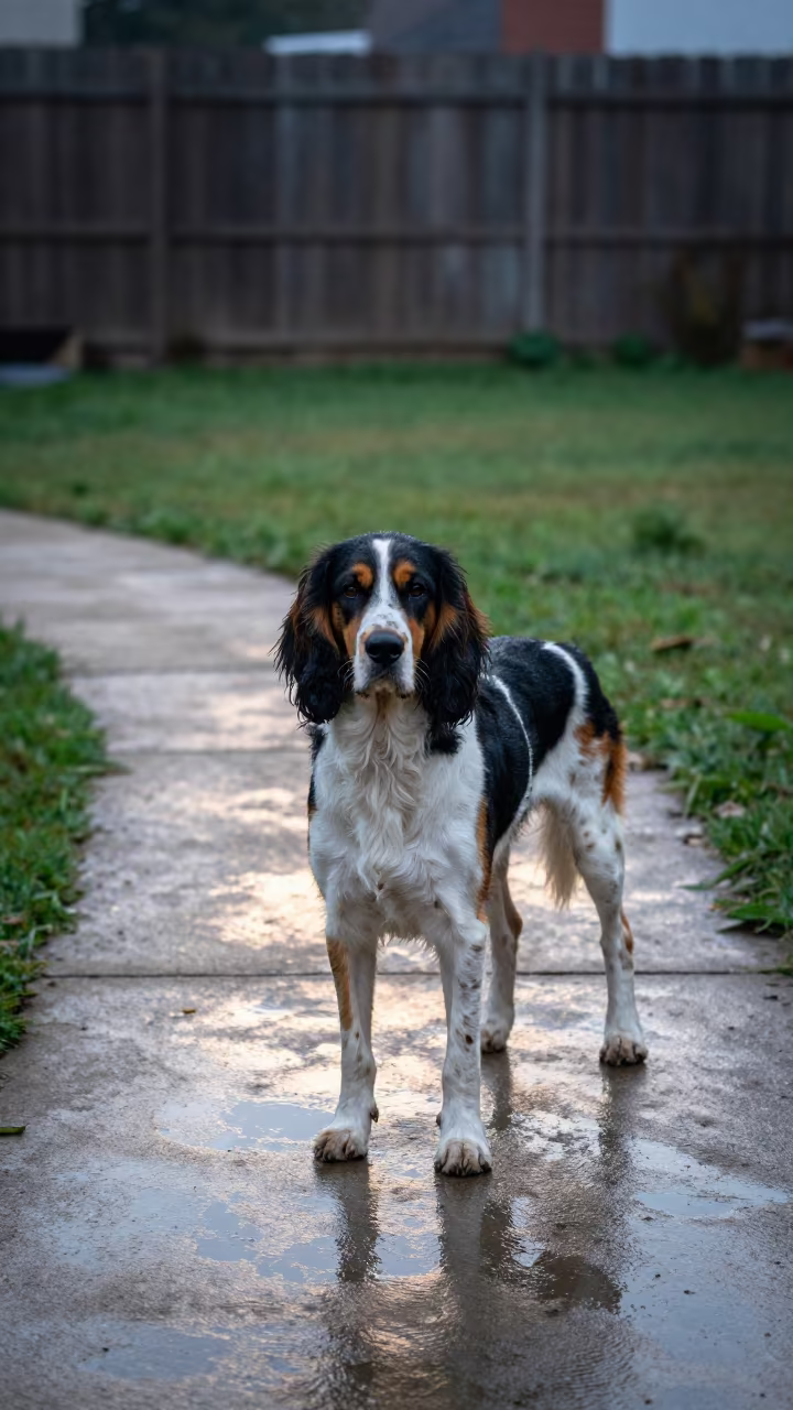 Coonhound Standing on Park Path Near Water in in a small yard with clipped grass, calm light, and the animal centered in frame in Eluru