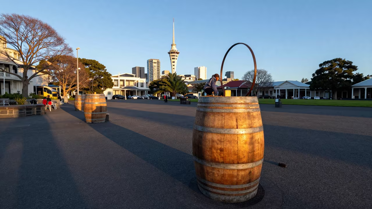 Cooper Fitting Hoops on Barrel in Auckland Square in at a public square in Auckland