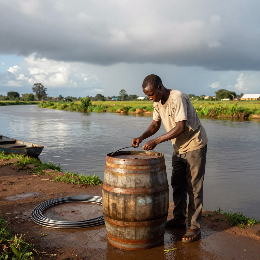 Cooper Fitting Hoops on Barrel Beside Canal in beside a canal in Mutare