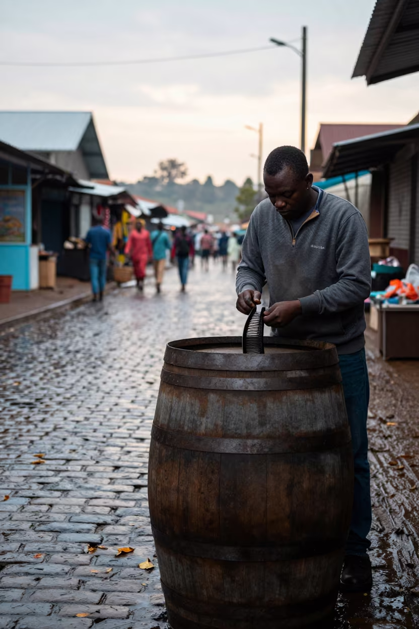 Cooper Fitting Hoops on Barrel in Manzini Market Lane in along a market lane in Manzini