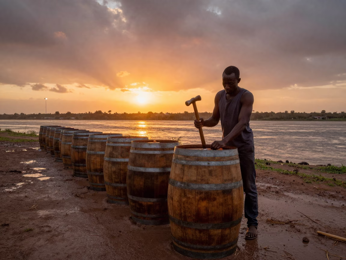 Cooper Fitting Wine Barrel Staves by River in near a riverside landing in N'dalatando