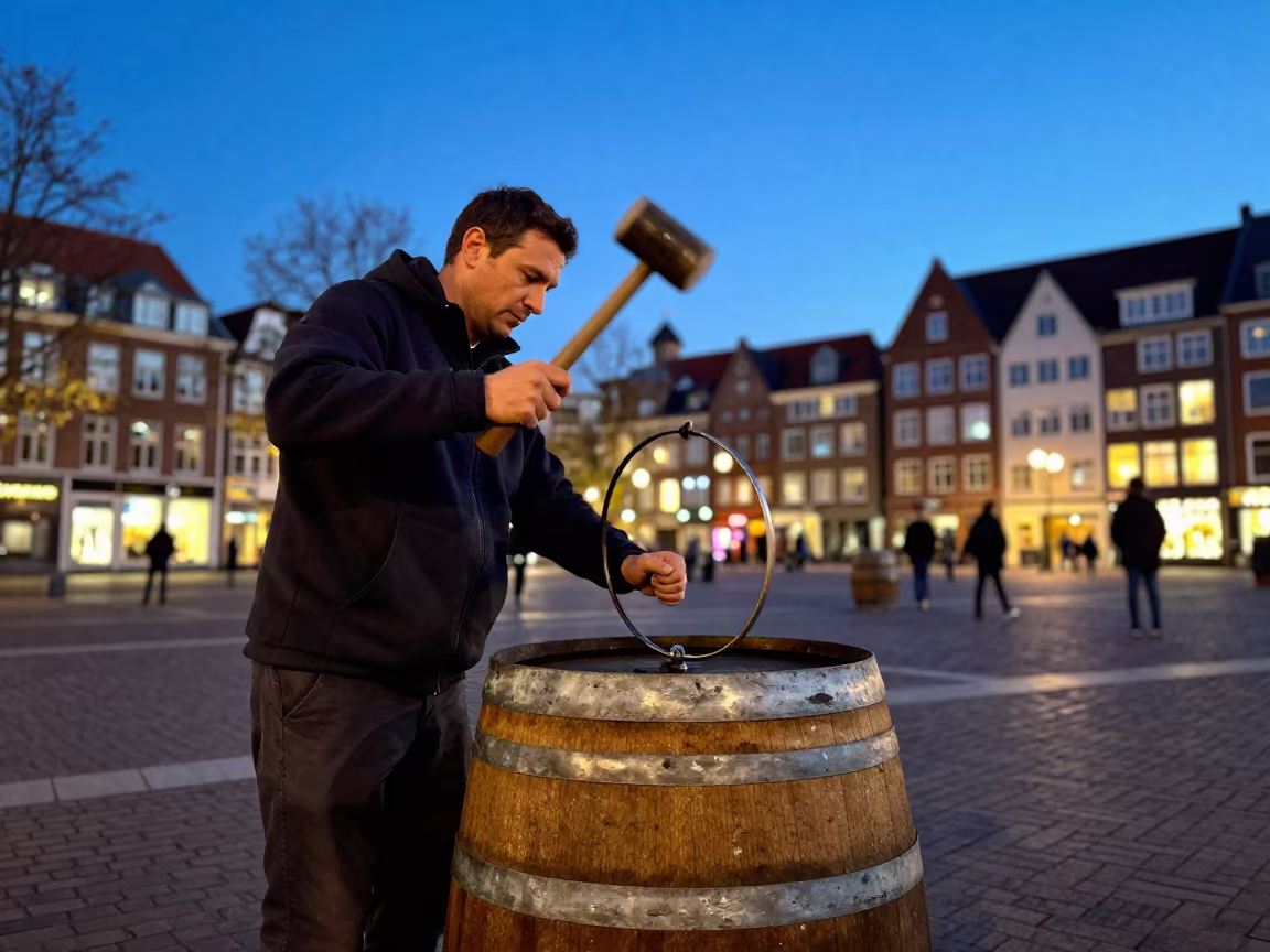 Cooper Hammering Oak Hoop in Rotterdam Square in at a public square in Rotterdam