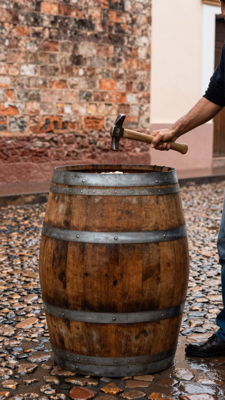 Cooper Hammering Wine Barrel Staves in Rain in in the old quarter in Encarnacion