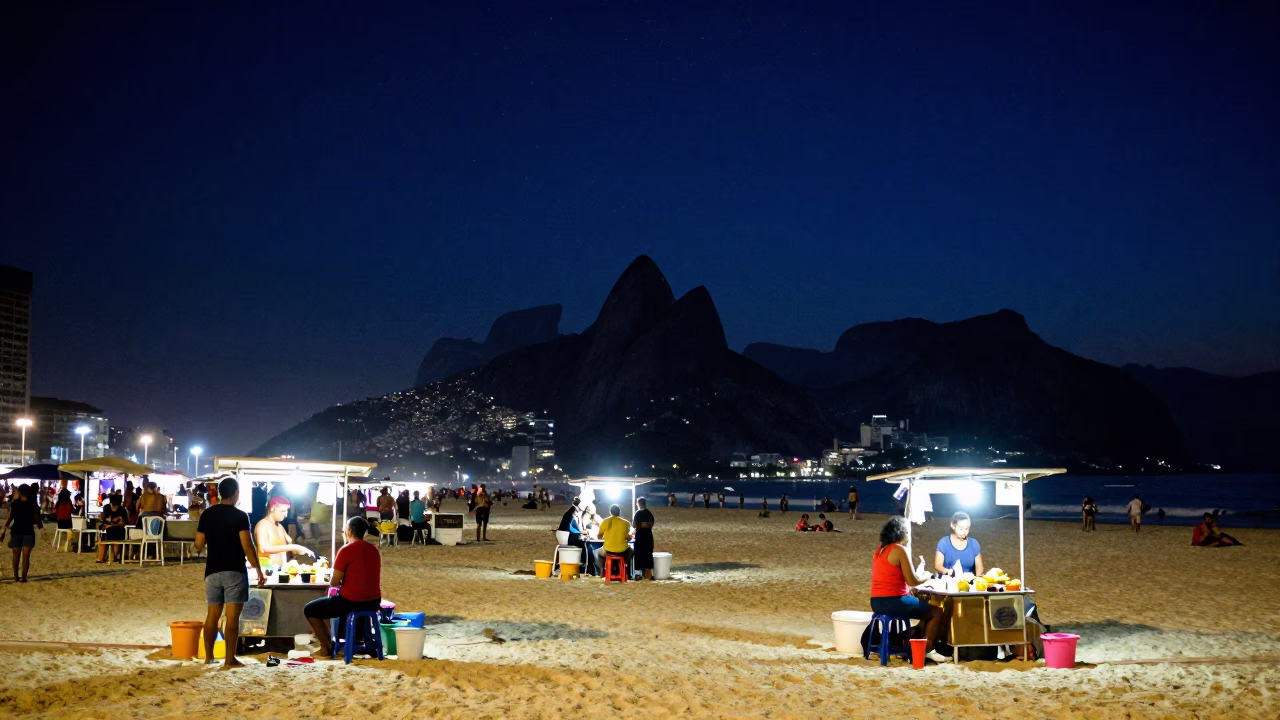 Copacabana Beach in Rio De Janeiro at The Deepest Night Sky Light in in Rio de Janeiro, Brazil