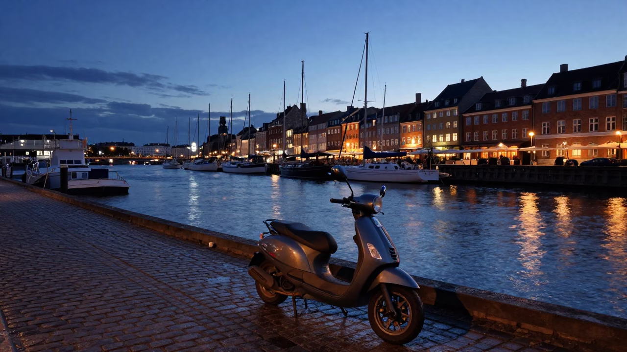 Copenhagen Blue Hour Harbor Scene with Scooter and Waterfront Lights in in Copenhagen, Denmark