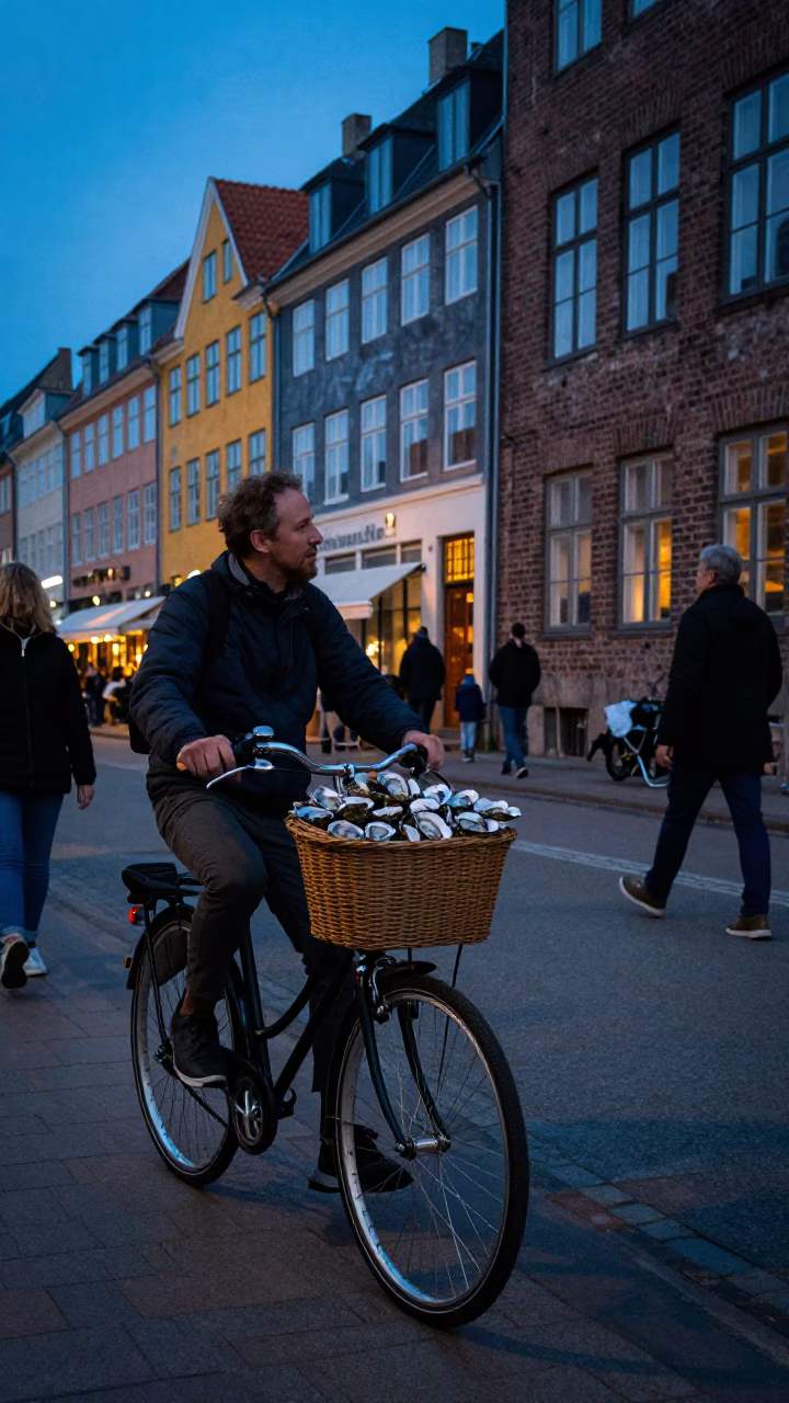 Copenhagen Blue Hour Street Scene with Bicycle Basket and Oysters in in Copenhagen, Denmark