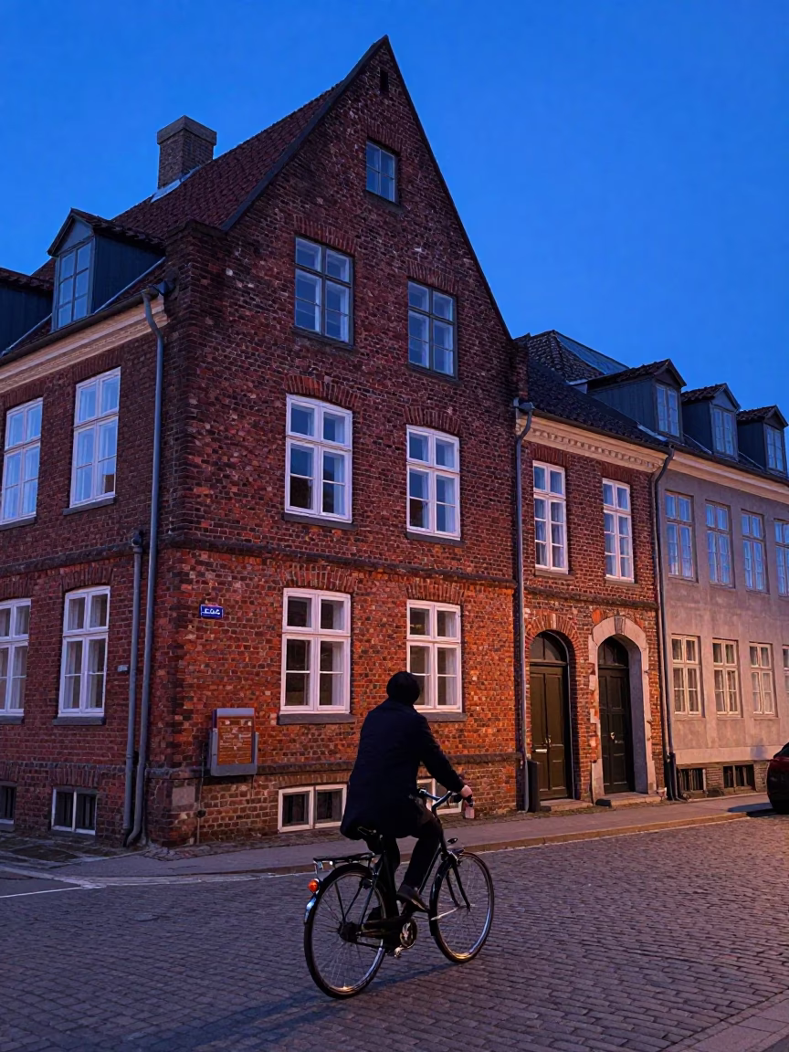 Copenhagen blue hour street scene with cyclist and brick architecture in in Copenhagen, Denmark
