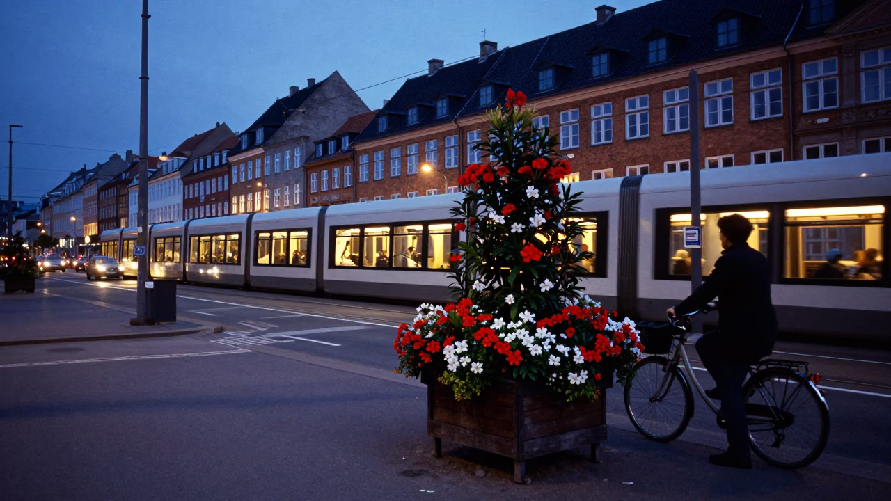 Copenhagen Blue Hour Street Scene with Flowering Plant and Monorail in in Copenhagen, Denmark
