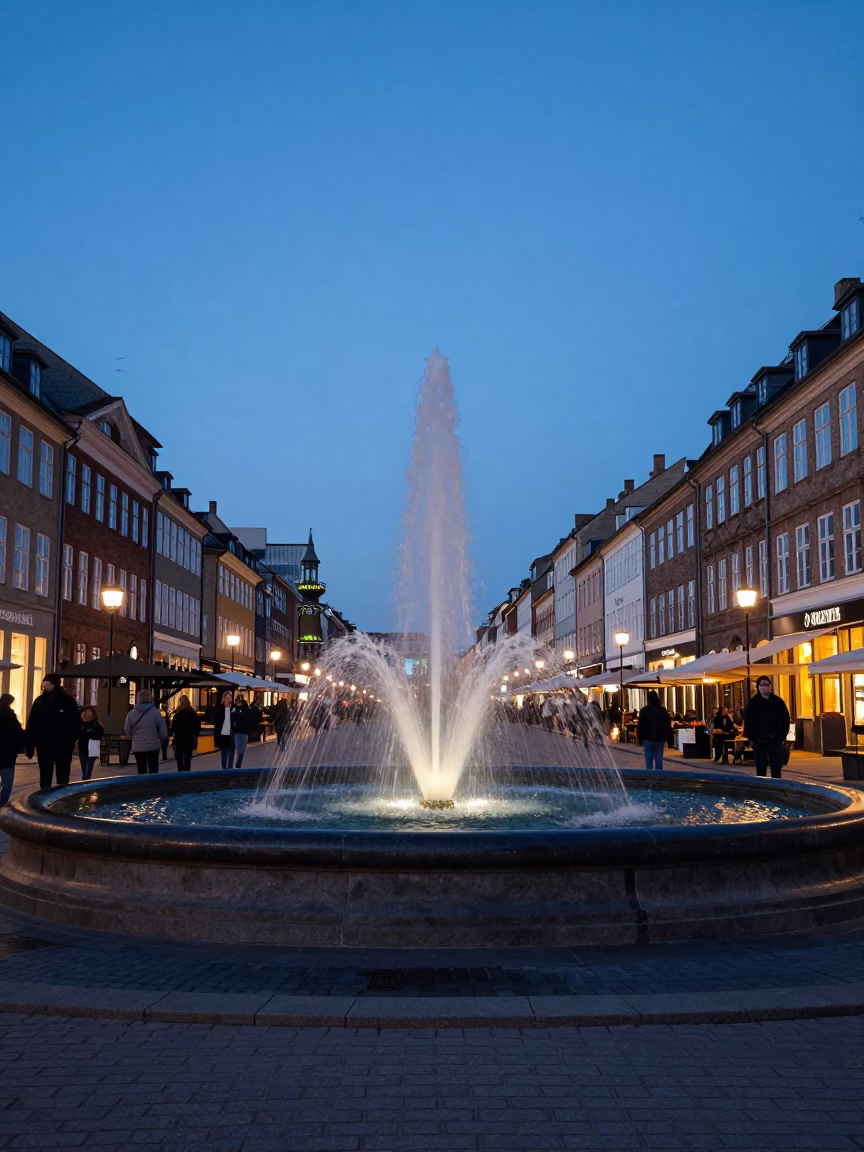 Copenhagen Blue Hour Street Scene with Fountains and Pedestrians in in Copenhagen, Denmark