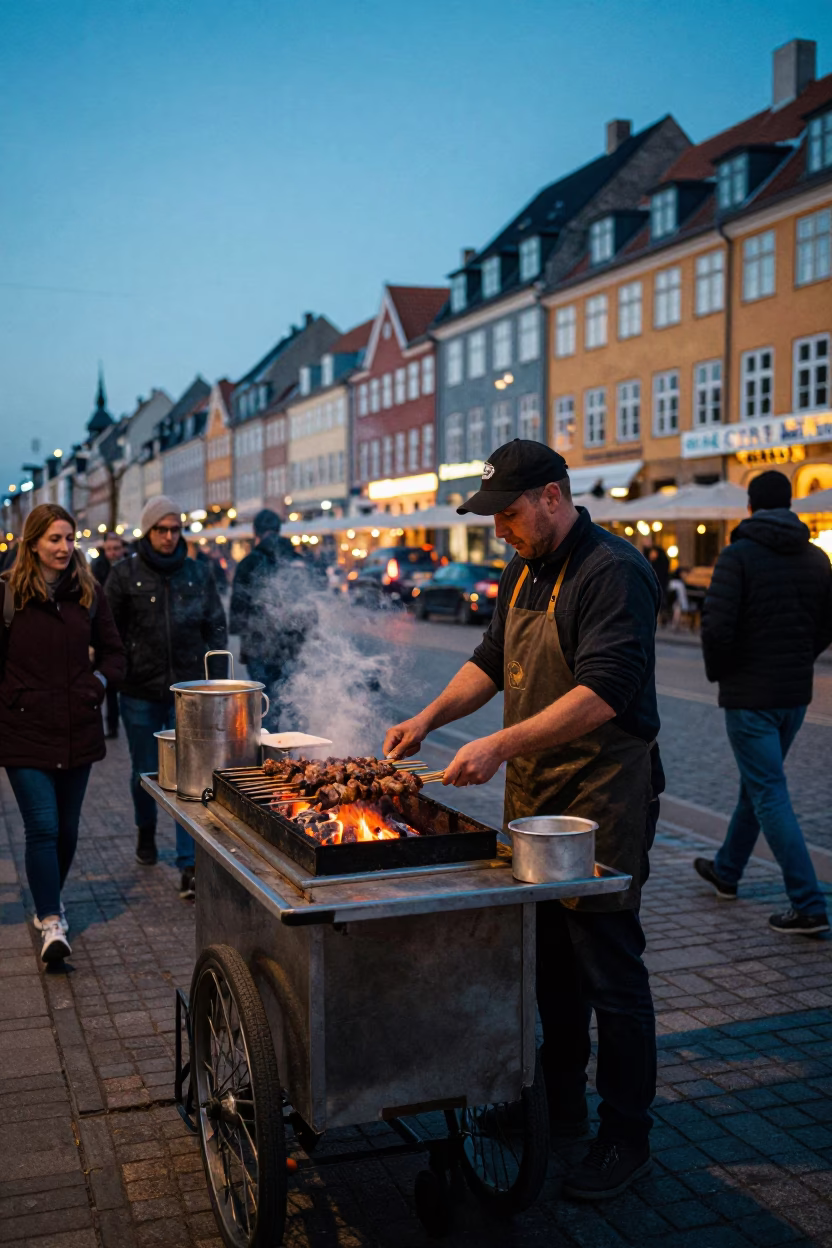 Copenhagen Blue Hour Street Scene with Grilled Kebab and Local Pedestrians in in Copenhagen, Denmark