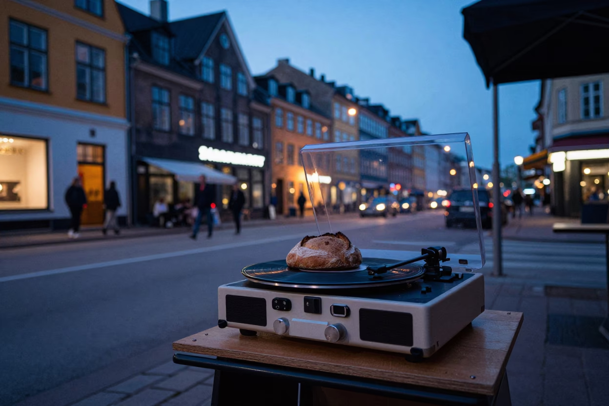 Copenhagen Blue Hour Street Scene with Record Player and Sourdough in Nørrebro in in Copenhagen, Denmark