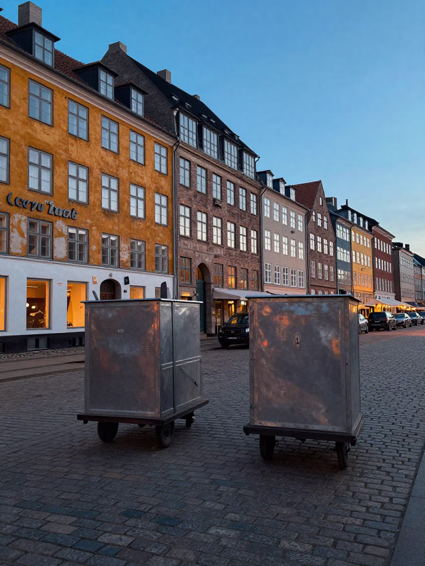 Copenhagen blue hour street scene with rolling carts and heritage architecture in in Copenhagen, Denmark