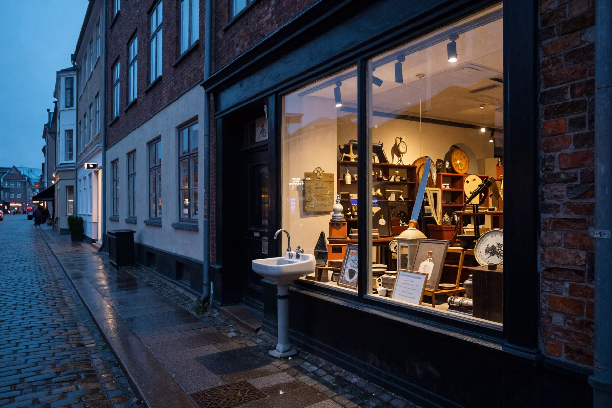 Copenhagen Blue Hour Street Scene with Sink and Cake Knife in Window Display in in Copenhagen, Denmark