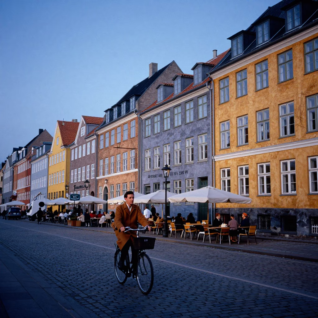 Copenhagen Blue Hour Street Scene with Vintage 1960s Aesthetic and Colorful Details in in Copenhagen, Denmark