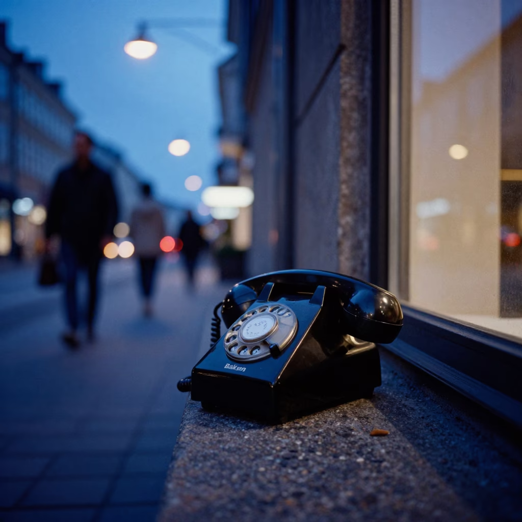 Copenhagen Blue Hour Street Scene with Vintage Bakelite Telephone and Glass Bottles in in Copenhagen, Denmark