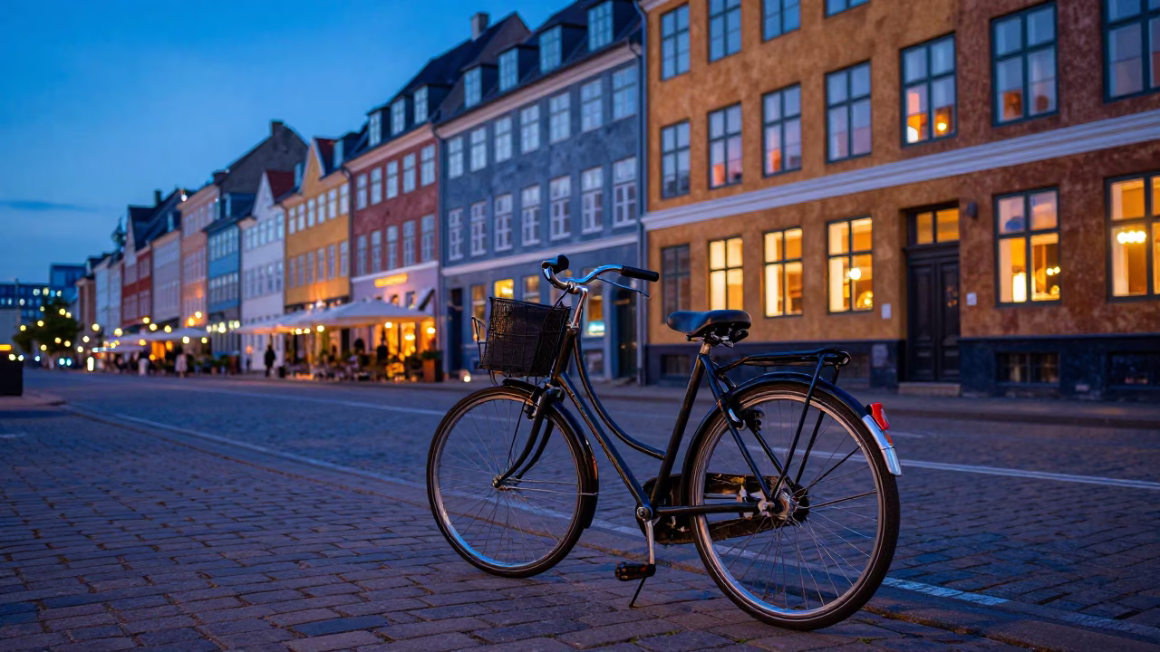 Copenhagen Blue Hour Street Scene with Vintage Bicycle and Colorful Shopfronts in in Copenhagen, Denmark