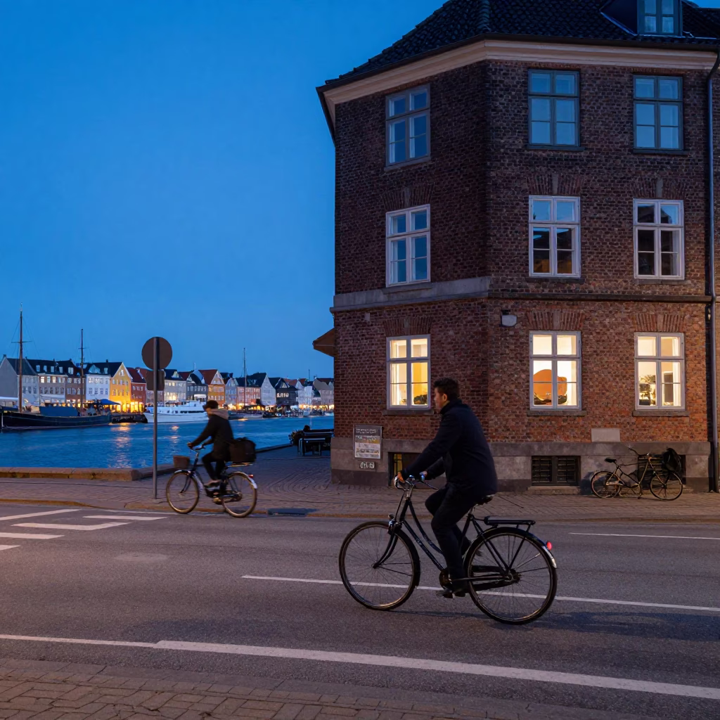 Copenhagen Blue Hour Street Scene with Vintage Bicycle and Harbor Waterfront in in Copenhagen, Denmark