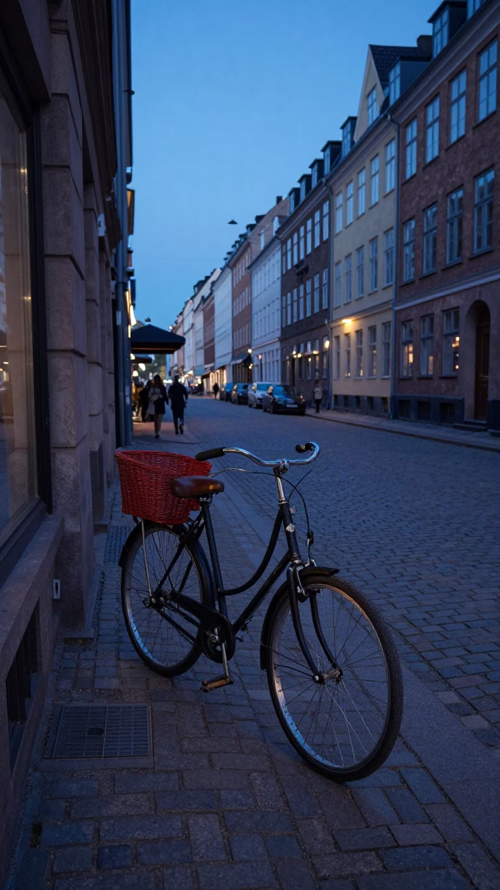 Copenhagen Blue Hour Street Scene with Vintage Bicycle and Red Wicker Hamper in in Copenhagen, Denmark