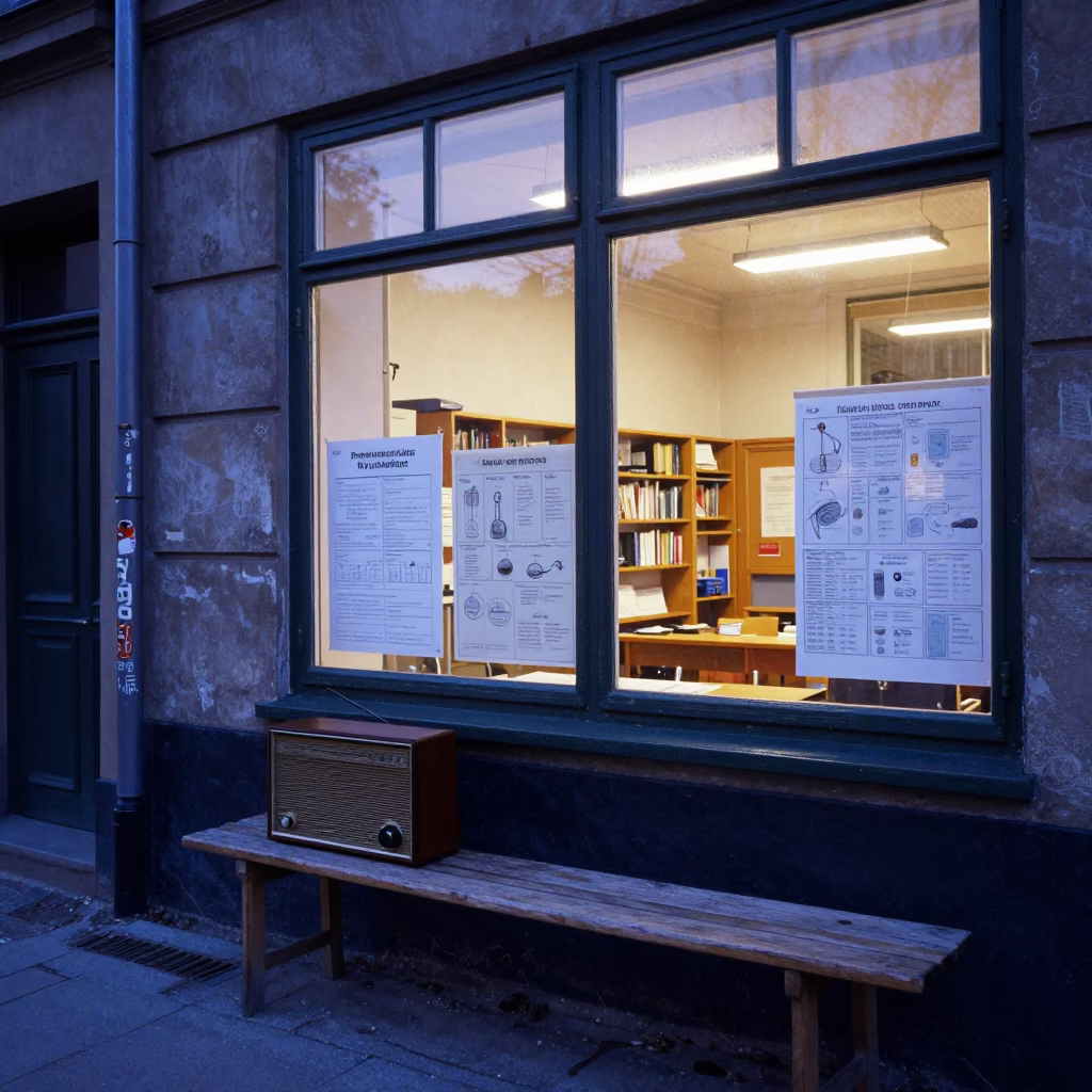 Copenhagen Blue Hour Street Scene with Vintage Radio and Classroom Window Condensation in in Copenhagen, Denmark