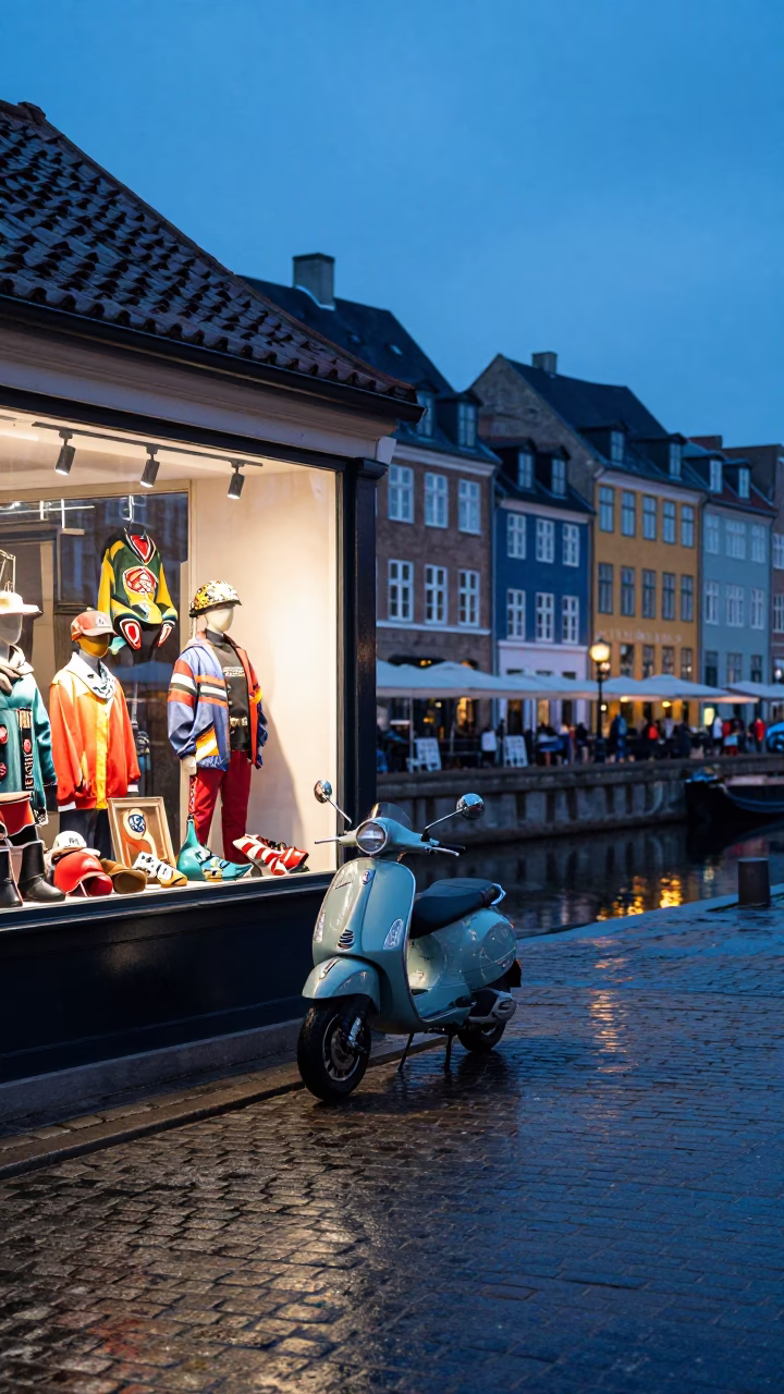 Copenhagen Blue Hour Street Scene with Vintage Vespa Reflection in Shop Window in in Copenhagen, Denmark