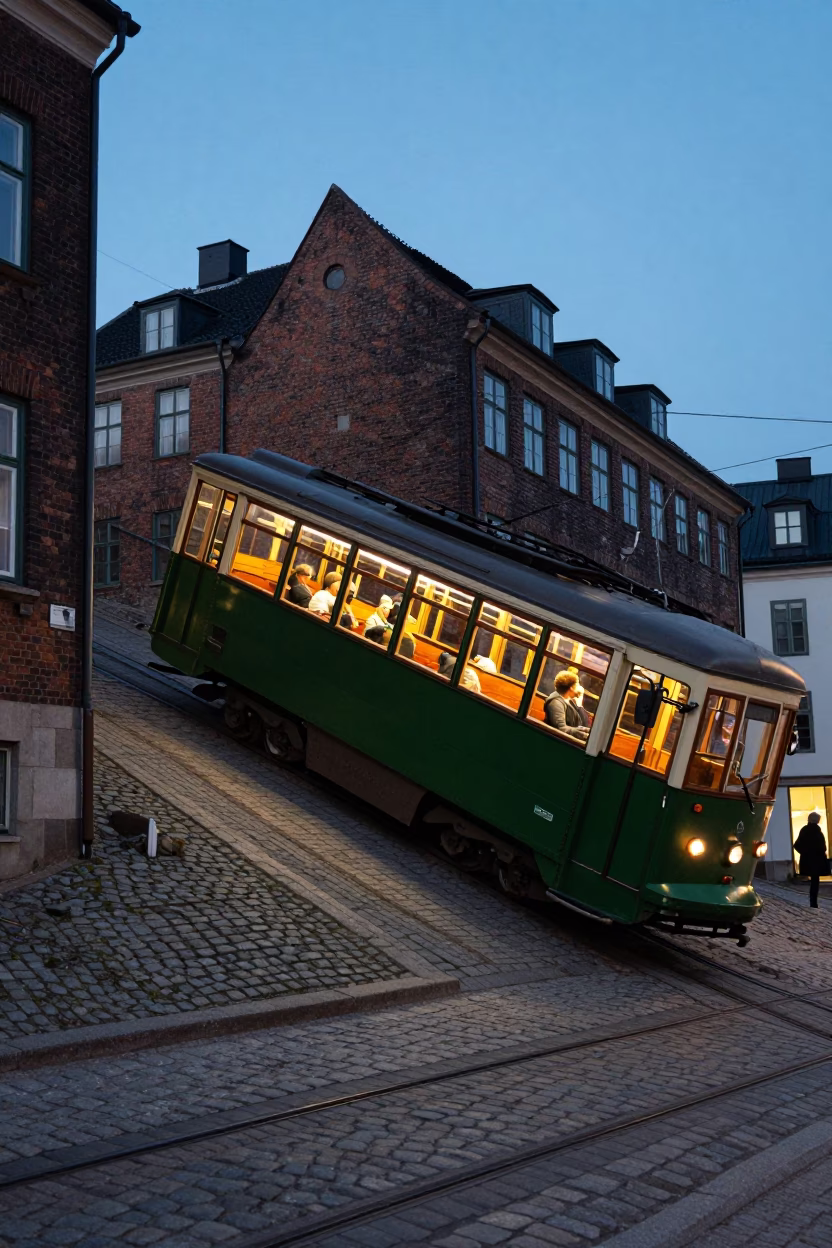 Copenhagen Blue Hour Tram Climbing Steep Hill Past Historic Brick Facades in in Copenhagen, Denmark