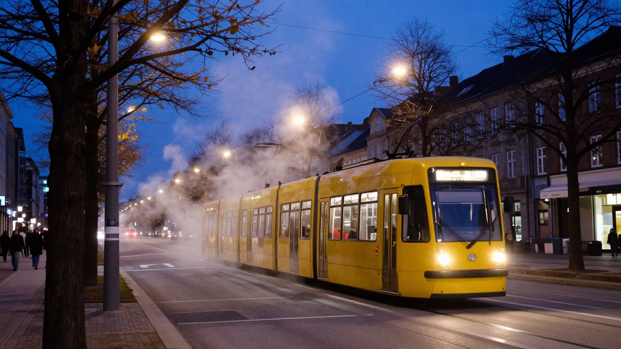Copenhagen Blue Hour Tramcar on Tree-Lined Boulevard with Steam Haze and Urban Activity in in Copenhagen, Denmark