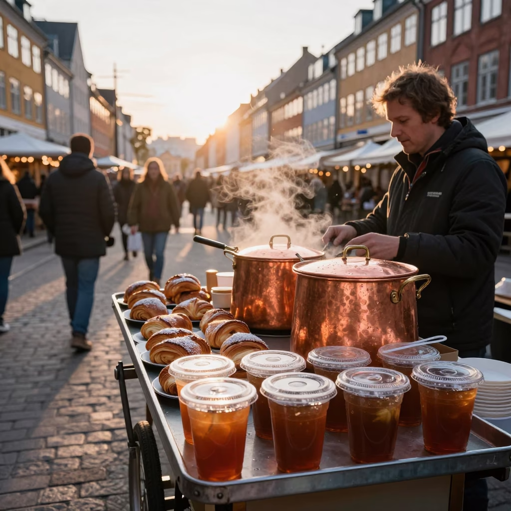 Copenhagen Breakfast Stall at Sunrise with Copper Pots and Condensation in in Copenhagen, Denmark