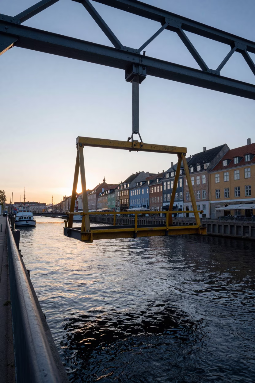 Copenhagen Bridge Maintenance Cradle Hanging Over River Before Sunrise in in Copenhagen, Denmark