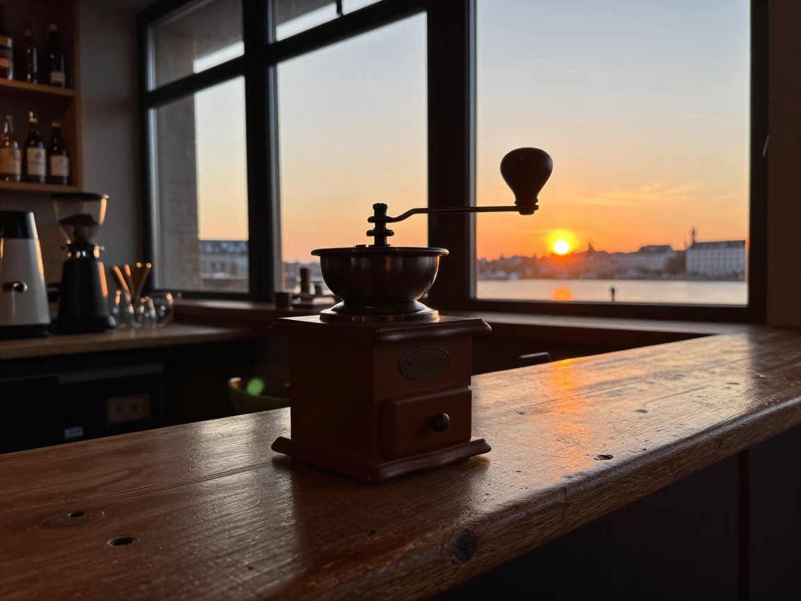 Copenhagen Cafe Counter with Vintage Coffee Grinder and Glass Pitcher at Sunset in in Copenhagen, Denmark