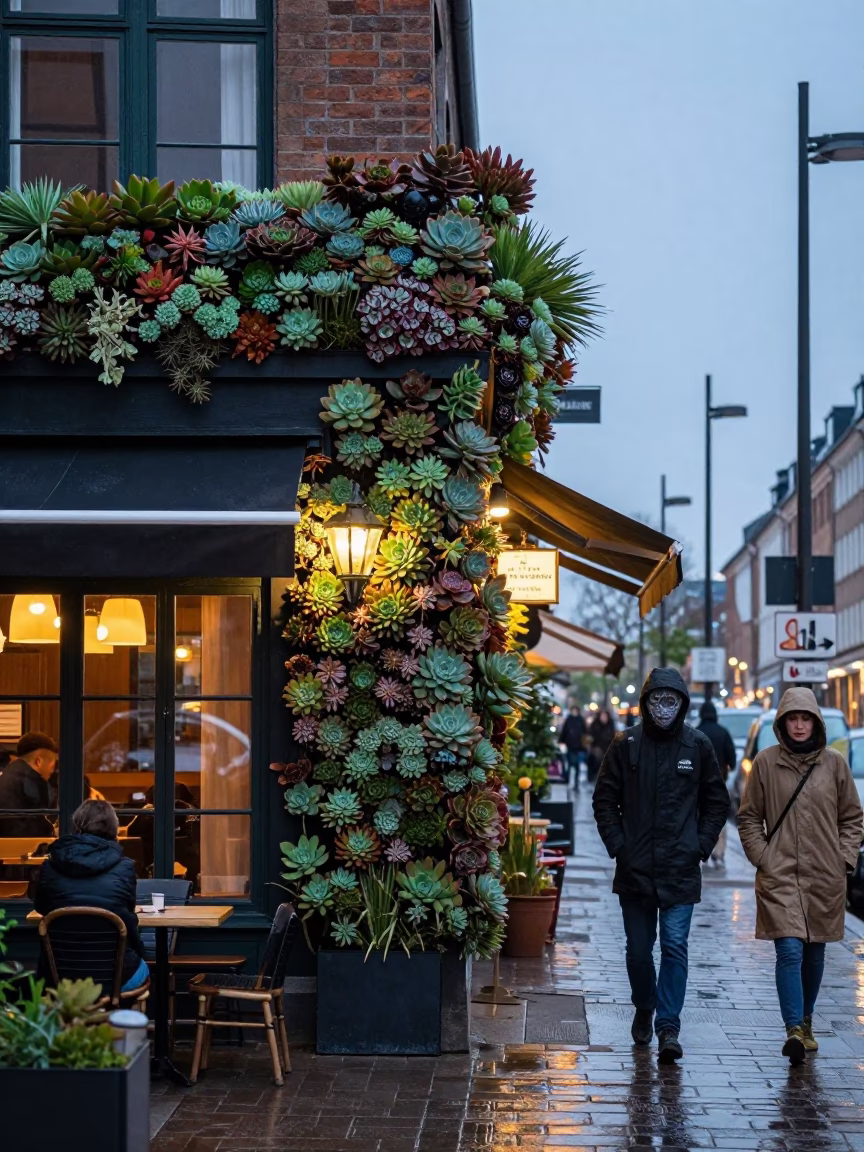 Copenhagen Cafe Exterior Living Wall Succulents Early Evening Pedestrians in in Copenhagen, Denmark