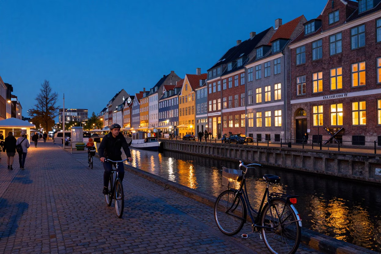 Copenhagen Canal at Blue Hour with Bicycle and Brick Architecture in in Copenhagen, Denmark