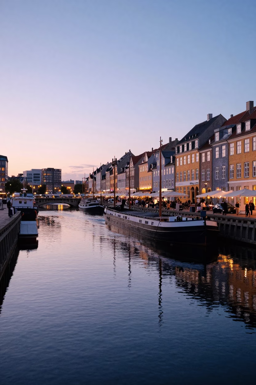 Copenhagen Canal Barge Cargo Reflections at Dusk with City Lights in in Copenhagen, Denmark