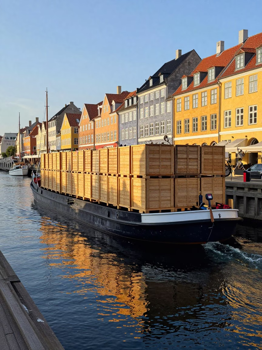 Copenhagen Canal Barge Loaded with Cargo in Late Afternoon Sunlight in in Copenhagen, Denmark