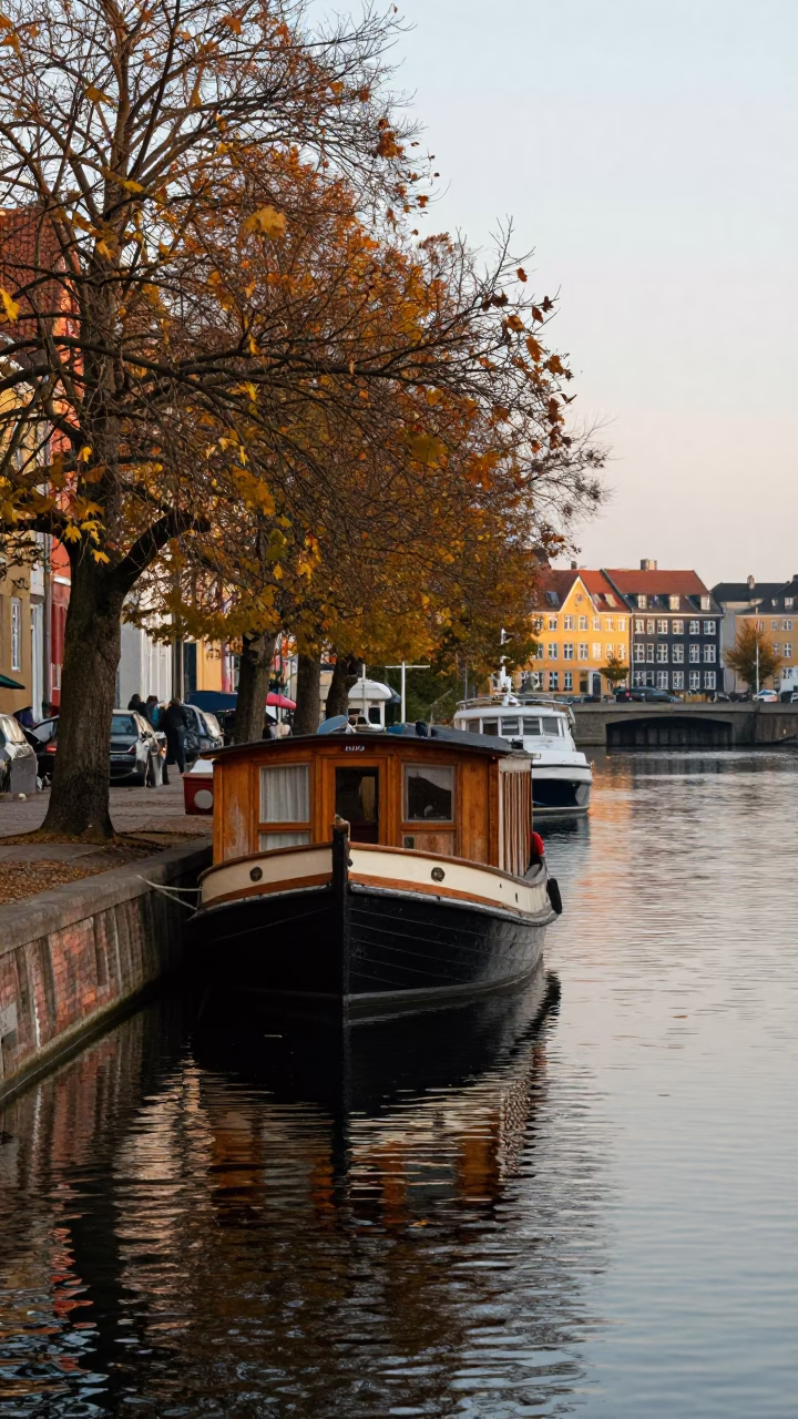 Copenhagen Canal Houseboat Moored Under Autumn Willows Before Sunrise in Denmark in in Copenhagen, Denmark